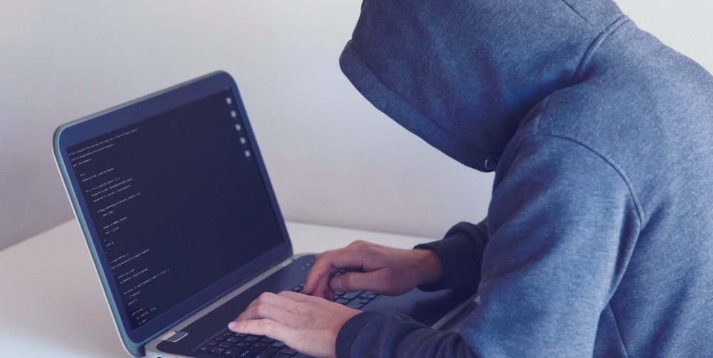 person wearing hoodie on laptop
