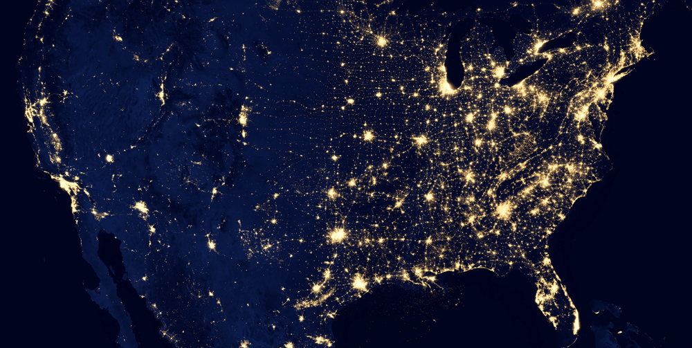 A birds eye view of the earth with various lights turned on