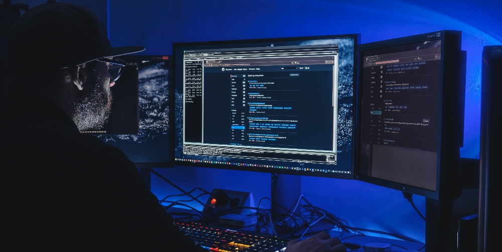 man on computers in dark